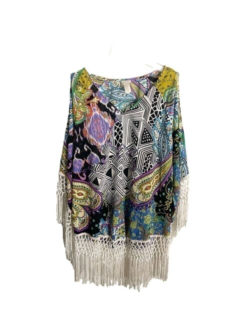 Women’s Chico’s Retro Paisley Fringe Boho Tunic Size 1 US! - Picture 7 of 9